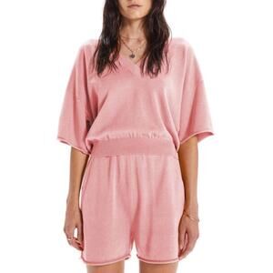 New MOTHER The Short Sleeve V-Neck Boxy Crop Sweater Rose Sharon Women's Size L